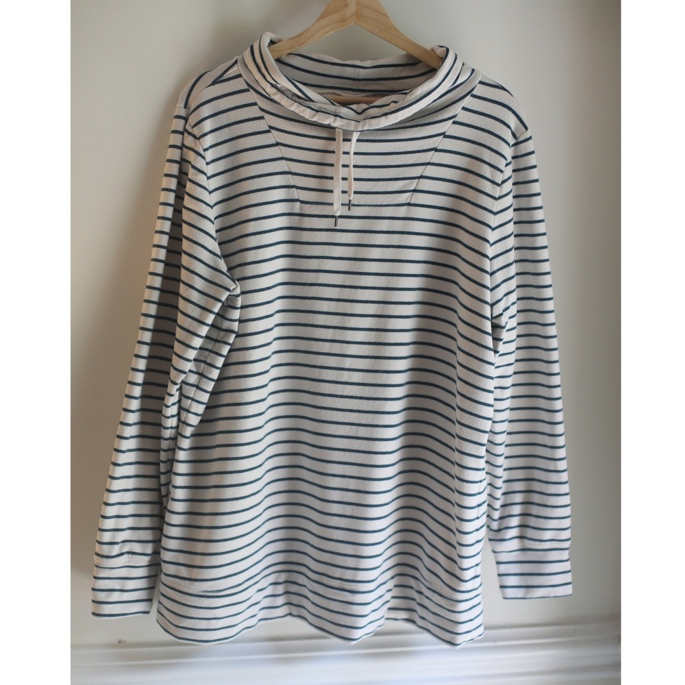 LL Bean Funnel Neck Pullover Sweatshirt Women's XL Regular Striped Blue Cream - Picture 2 of 6